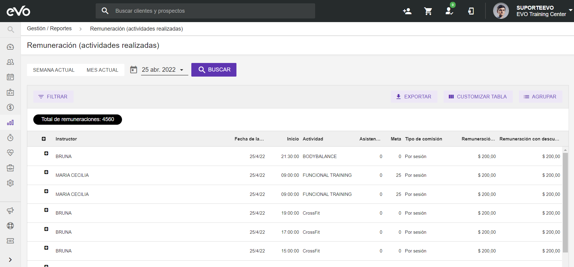 Pagos por clases de profesores
